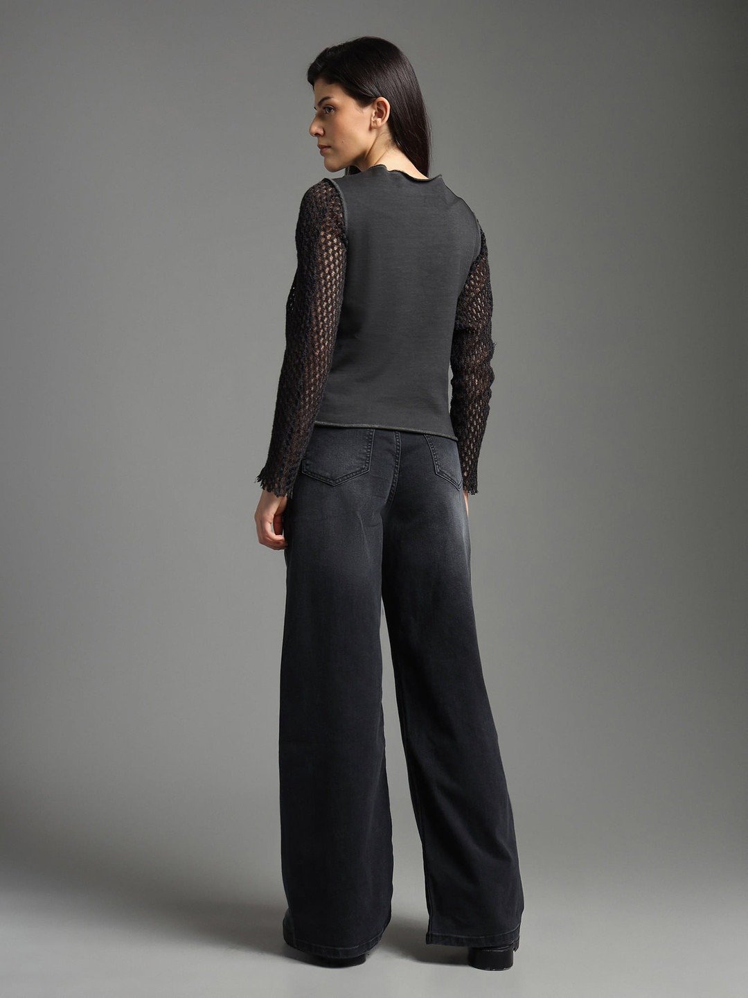 High-Waisted Wide-Leg Washed Black Jeans - Image 2