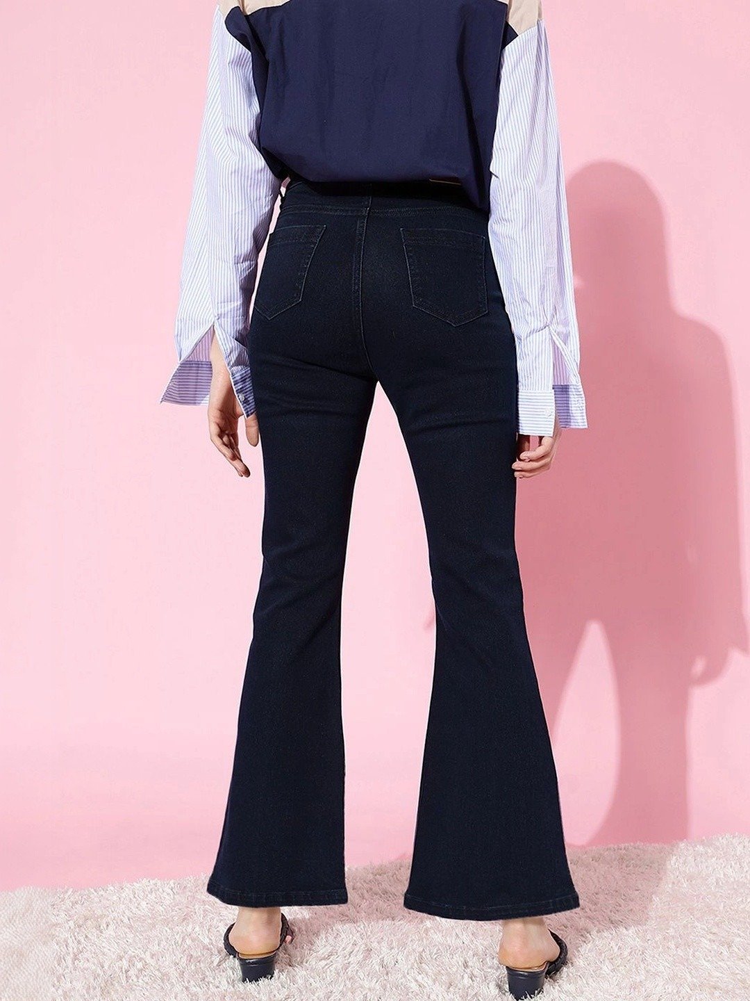 High-Waisted Dark Indigo Front-Split Flare Jeans - Image 2