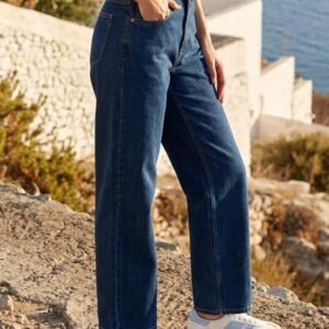 High-Waisted Dark Medium Wash Straight Jeans