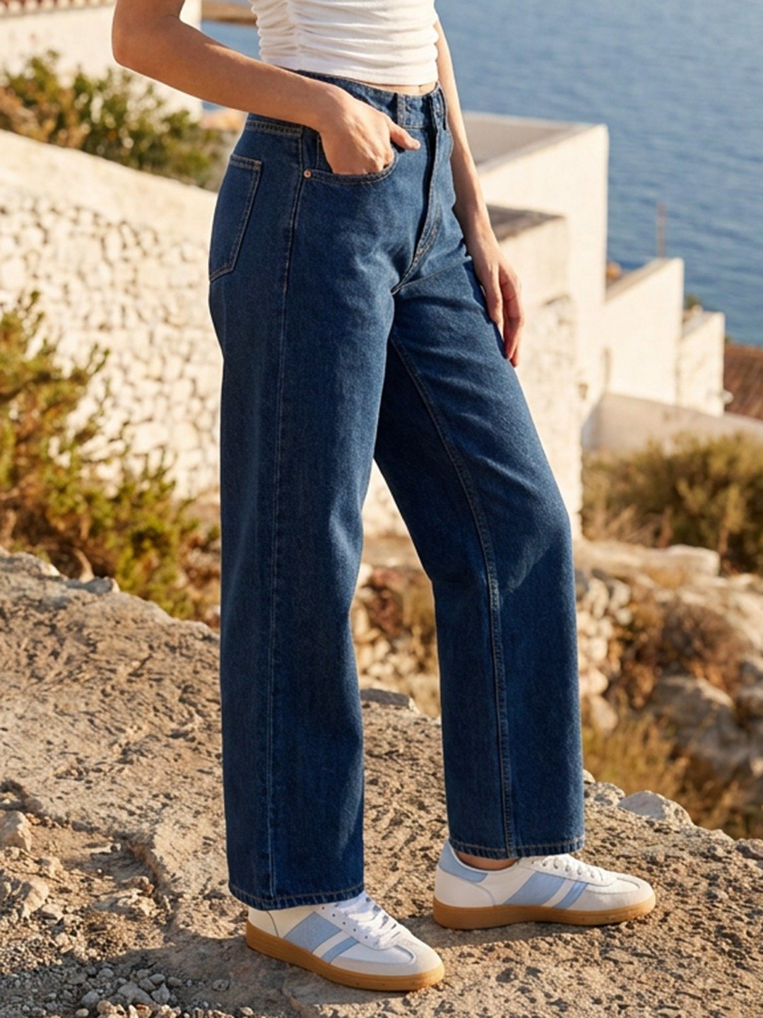 High-Waisted Dark Medium Wash Straight Jeans