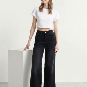 High-Waisted Washed Black Wide-Leg Jeans with Side Slits
