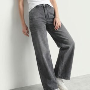 High-Waisted Acid Wash Charcoal Wide-Leg Jeans
