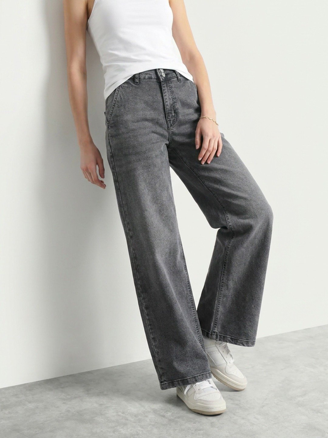 High-Waisted Acid Wash Charcoal Wide-Leg Jeans