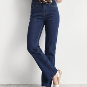 High-Waisted Dark Wash Straight-Leg Jeans with Raw Hem
