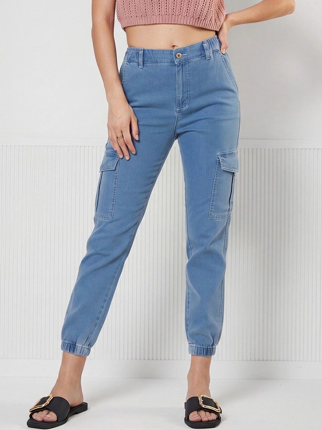 High-Waisted Denim Cargo Jogger Jeans