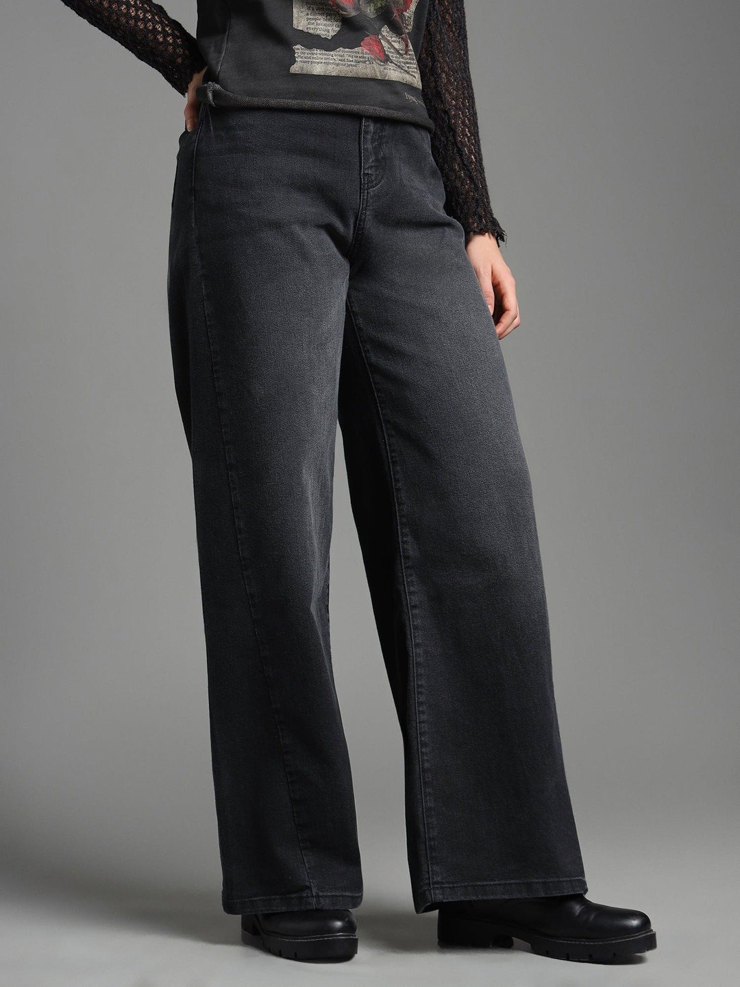 High-Waisted Wide-Leg Washed Black Jeans