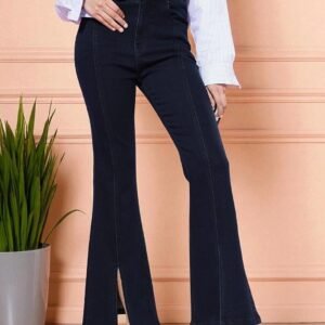 High-Waisted Dark Indigo Front-Split Flare Jeans
