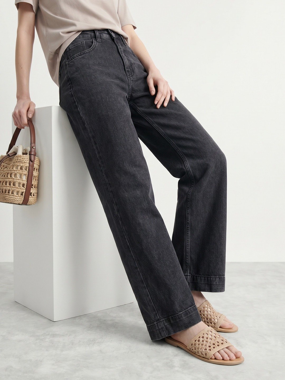 High-Waisted Charcoal Straight-Leg Jeans